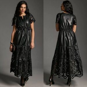 Anthropologie The Somerset Maxi Dress: Faux Leather Embroidered Edition Black S